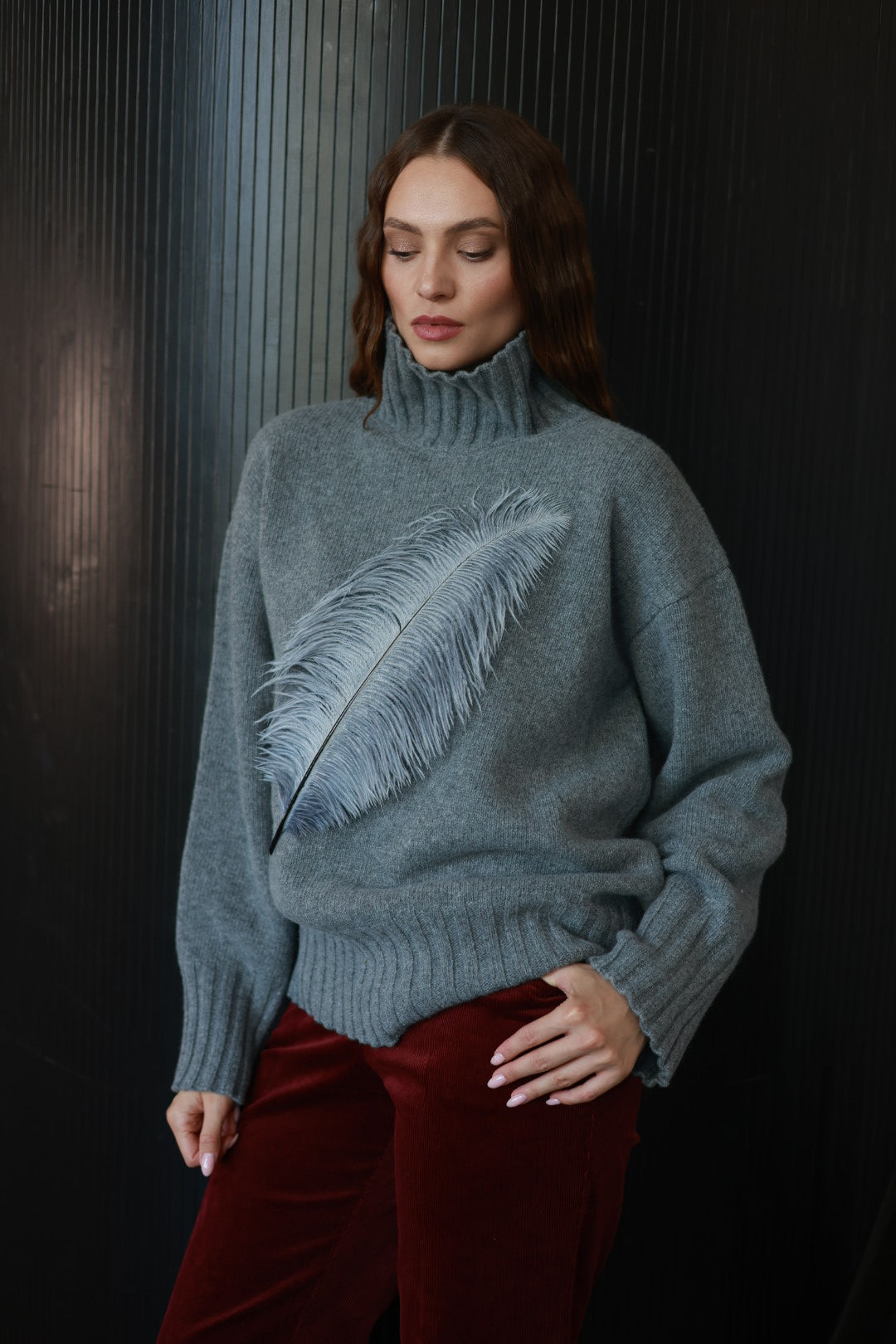 Graphite Sweater with Feather Trim